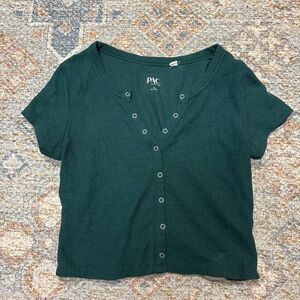 Women's Green Button-Down Waffle Texture Shirt